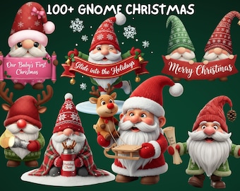 May include: A collection of Christmas gnome illustrations with text that reads "100+ GNOME CHRISTMAS". The gnomes are wearing red and green outfits and hats, and some are holding banners with holiday greetings. The image has a festive, whimsical feel.