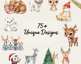 May include: A collection of watercolor illustrations featuring various Christmas and winter-themed animals. Includes a polar bear, deer, cat, penguin, and lamb, all adorned with festive accessories. The text "75+ Unique Designs" is also present.