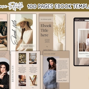 Op de afbeelding: Een digitale producttemplate voor een e-book van 100 pagina's, met verschillende lay-outs met afbeeldingen en tekst. Het ontwerp maakt gebruik van een neutraal kleurenpalet met afbeeldingen van mensen, objecten en tekst die "Ebook Title" en "Success Story" luidt. Het Canva-logo is ook zichtbaar.