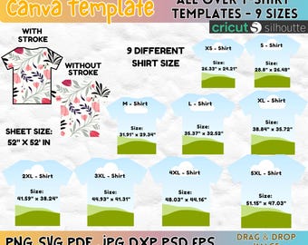 All Over T-Shirt Template, 9 Sizes, Canva Editable (SVG, PNG, PDF)