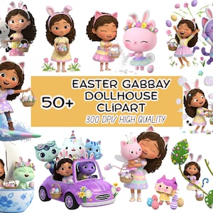 May include: A collection of colorful Easter-themed Gabby's Dollhouse clipart. The images feature characters with bunny ears, holding Easter baskets, and riding in a purple car. Text on the image reads "Easter Gabby Dollhouse Clipart 50+ 300 DPI/ High Quality."