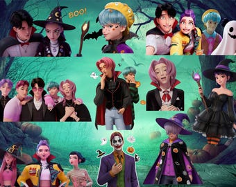 50 Halloween Edition! K-pop Demon Hunters Inspired Digital Stickers, Huntrix Halloween PNG, Saja Boys Halloween Png, Digital Download
