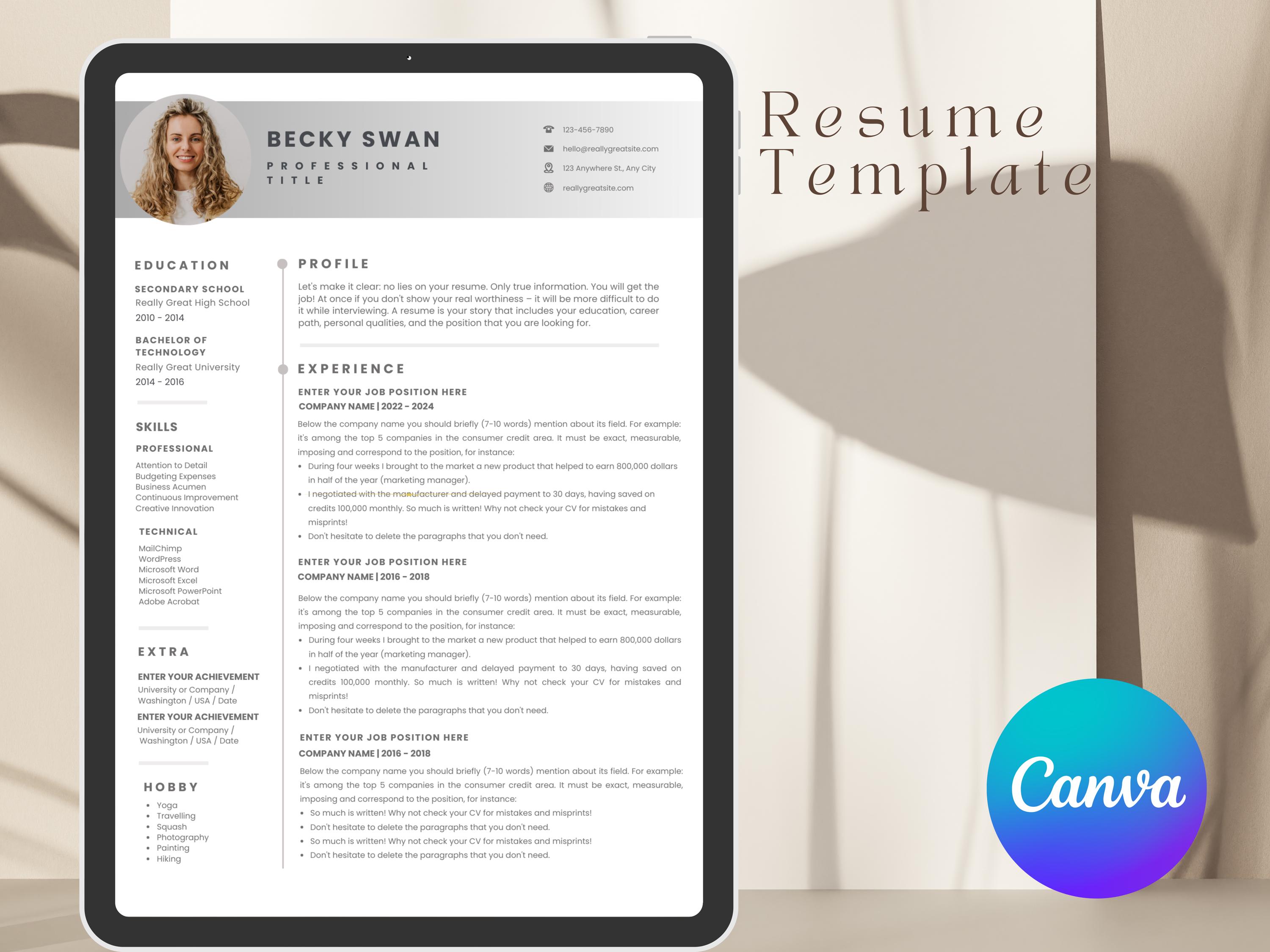 Canva Resume Template With Cover Letter, Professional CV (digital ...