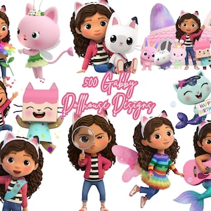 May include: A collection of Gabby's Dollhouse designs featuring various characters and scenes. The designs include Gabby, cat-themed characters, and other whimsical elements. The text "500 Gabby Dollhouse Designs" is visible.
