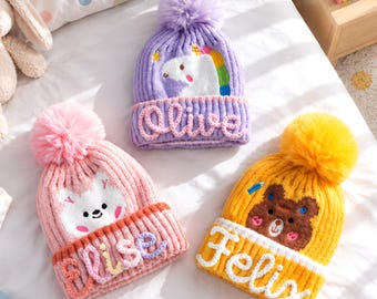 Custom Name Kids’ Beanie, Cute Animal Pom Pom Winter Hat, Personalized Toddler Hat, Christmas & Birthday Gift for Boys Girls