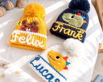Custom Name Kids' Beanie, Animal Pom Pom Winter Hat (Ages 0-8)