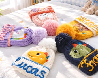 Custom Name Kids Beanie: Embroidered Yarn, Pom-Pom Winter Hat
