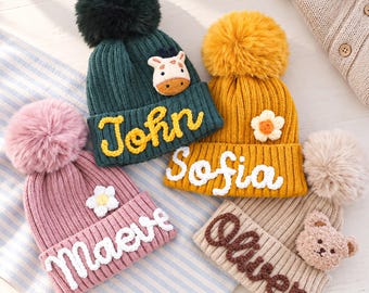 Personalized Beanie - Handmade, Custom Names, Detachable Pom,Christmas Gift