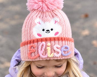 Personalized Kids Pom Pom Beanie, Custom Name Winter Hat with Animal Graphic, Toddler Warm Hat, Holiday Gift