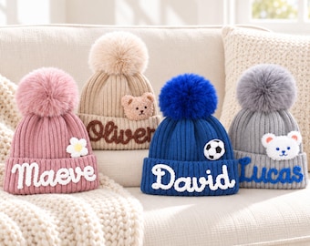 Custom Name Beanie Handmade for All Ages :Detachable Pom Pom, Baby to Adult Sizes