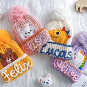 Personalized Kids Beanie: Custom Name Christmas Gift, Animal Design, Pom Pom Winter Hat