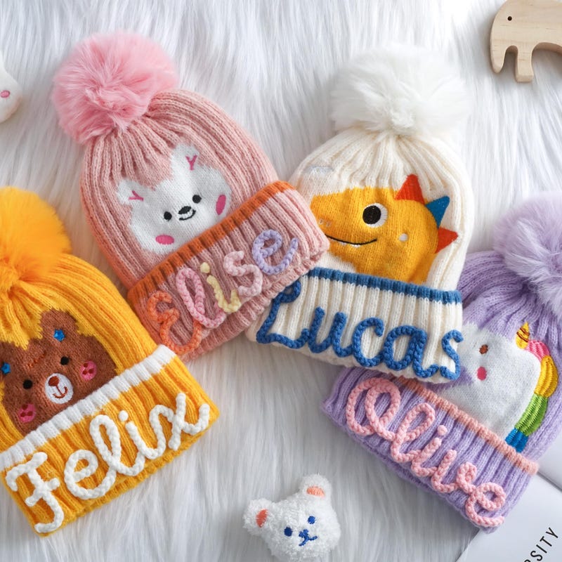 Personalized Kids Beanie, Custom Name Christmas Gift, Animal Design, Pom Pom Winter Hat