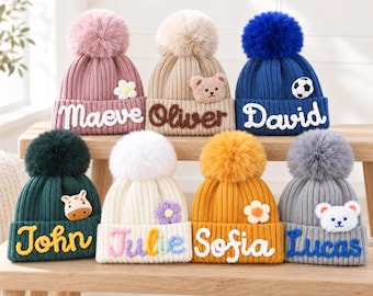 Personalized Yarn Name Beanie Hat with Detachable Pom Pom, Cozy Winter Knit Hat for Kids & Adults, Matching Family Christmas Gift