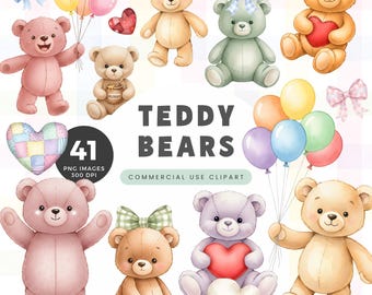 Colorful Teddy Bears Clipart, Cute Bear Illustrations, Digital Download