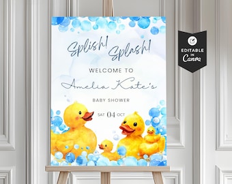 Rubber Duck Welcome Sign, Editable Template in Canva, Splish Splash Invitation for Gender Neutral Baby Shower, BPT0002