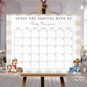 Cowboy Baby Shower Guess The Due Date Calendar Welcome Sign, A Little Cowboy on the way, Editable Template in Canva BPT0009