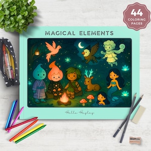 May include: A teal-colored coloring book titled "MAGICAL ELEMENTS" with illustrations of fantasy creatures. The cover features a forest scene with a campfire, fairies, and a mermaid. Includes 44 coloring pages. Crayons and pencils are scattered around.