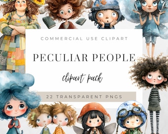 Peculiar People Clipart Pack, Watercolor Whimsical Quirky Big Eye People, Gothic Characters