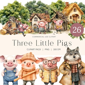 以下が含まれることがあります： 三匹の子豚の物語の登場人物を描いた水彩イラスト。画像には3匹の豚、オオカミ、家が含まれています。「Three Little Pigs」と「Commercial Use Clipart」の文字も表示されています。