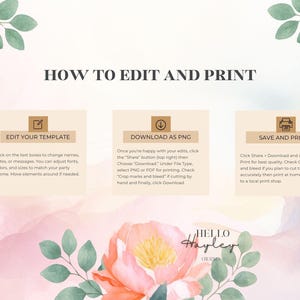 May include: A digital invitation template with instructions on how to edit and print. The design features watercolor floral elements in pink and peach tones, with green foliage accents. Text includes "HOW TO EDIT AND PRINT" and editing steps.