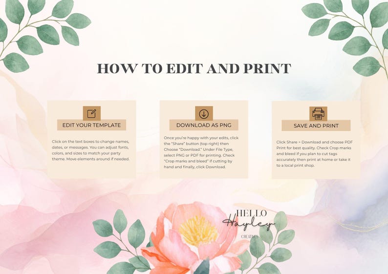 May include: A digital invitation template with instructions on how to edit and print. The design features watercolor floral elements in pink and peach tones, with green foliage accents. Text includes "HOW TO EDIT AND PRINT" and editing steps.