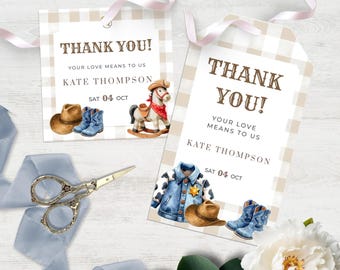 Cowboy Baby Shower Thank You Tag, A Little Cowboy in on the way  Party Favor Thank You card, Editable Template in Canva, BPT0009