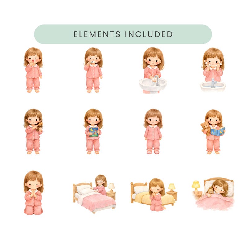 Kids Bedtime Routine Clipart, Nighttime Routine Illustrations, Digital ...