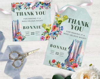 Moo Moos and Margaritas Thank You Tag,  Ladies Night Pajama Party, Bridal Shower Birthday Party Thank you tag, Editable Template in Canva
