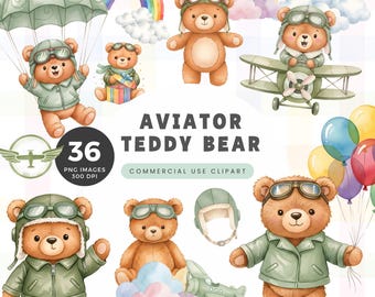 Green Aviator Teddy Bear Clipart, Vintage Pilot Bear Illustration, Digital Download