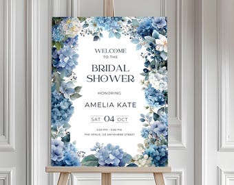 Hydrangea Bridal Shower Welcome Sign, Dusty Blue Hydrangea Florals, Editable Template in Canva BS0001