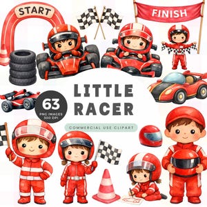 以下が含まれることがあります： 「Little Racer」をテーマにした水彩画クリップアートセット。 レースカー、レーシングフラッグ、ヘルメット、レーシングスーツを着た子供たちのイラストが含まれています。 セットには、スタートとフィニッシュラインのアーチも含まれています。
