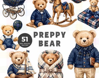 Preppy Teddy Bear Clipart, Baby Shower for Boy Clipart, Ralph Lauren PNG for Birthday Invitations Nursery Crafts, Commercial Use Clipart