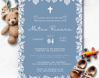 Cielito Lindo Baptism Invitation blue, Bautizo Niñ0, Editable Canva Template, KPA002