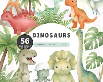 Dinosaur Clipart, Watercolor Dinosaurs Clipart, Cute Dino Illustrations, Kids Dinosaur Theme, Digital Download
