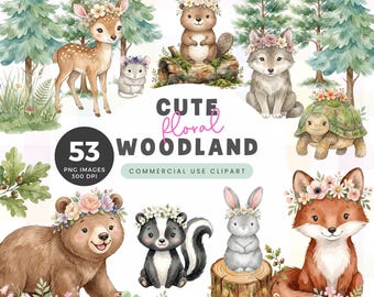 Floral Woodland Animals Clipart, Cute Pink Forest Animal Illustrations, Digital Download