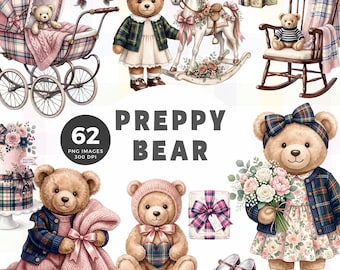Preppy Teddy Bear Clipart, Baby Shower for Girl Clipart, Ralph Lauren PNG for Birthday Invitations Nursery Crafts, Commercial Use Clipart