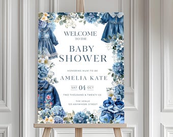 Blue Jean Baby Shower Welcome Sign for baby girl, Editable Template in Canva, Dusty Blue Denim Theme Party, BPT0003