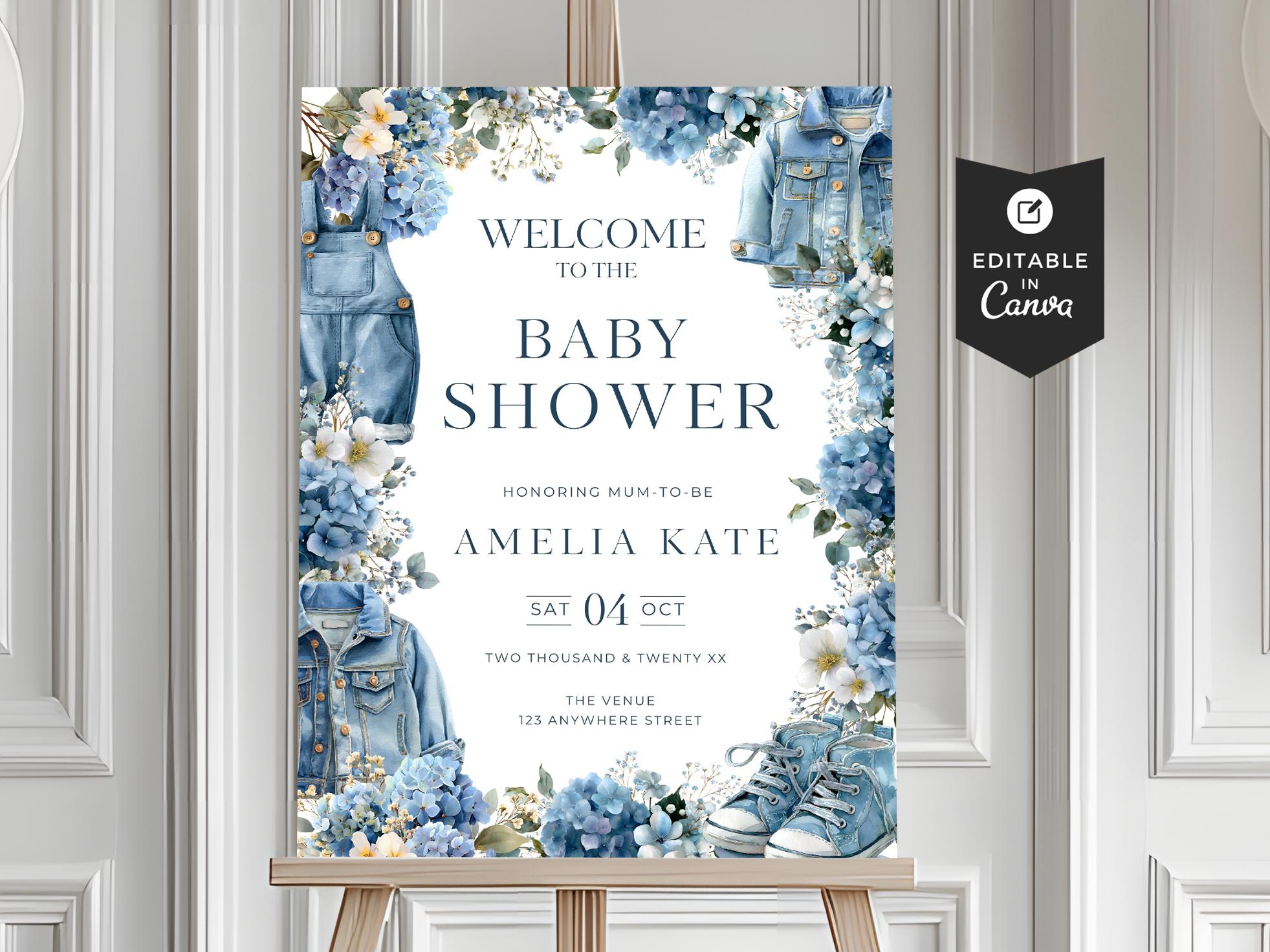 Blue Jean Baby Shower Welcome Sign, Editable Template in Canva, Dusty Blue Denim Theme Party, BPT0003