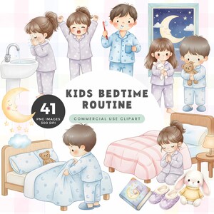 Puede incluir: Ilustración en acuarela de la rutina de la hora de acostarse de los niños. La imagen incluye niños en pijama cepillándose los dientes, lavándose la cara y preparándose para ir a la cama. Se muestra el texto "KIDS BEDTIME ROUTINE". Incluye una luna, estrellas y un osito de peluche.