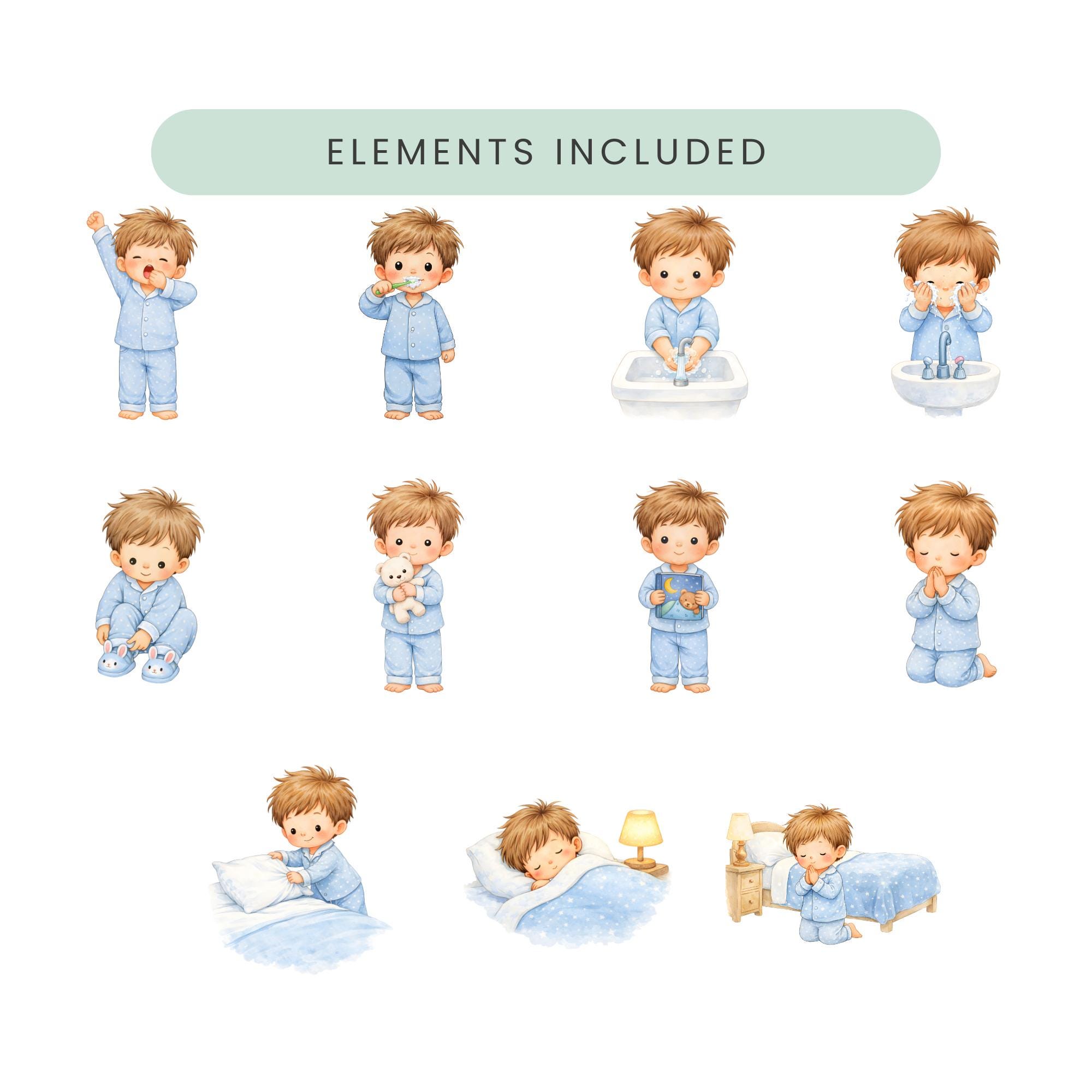 Kids Bedtime Routine Clipart, Nighttime Routine Illustrations, Digital ...