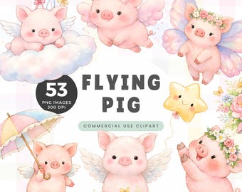 Flying Pig Clipart, Cute and Whimsical Funny Pig Illustrations, Digital Download