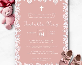 May include: A pink baptism invitation with white floral border and text. The invitation includes the name "Isabella Diaz", date "Oct 04", and event details. A pink teddy bear and baby shoes with bows are also in the image.