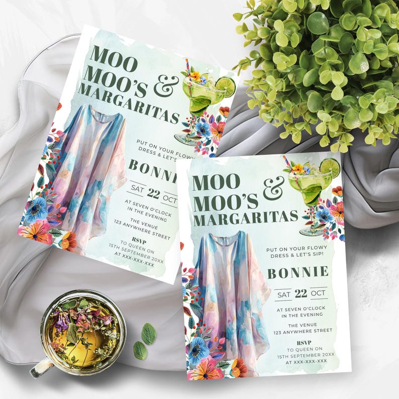 May include: Two invitations for a party, featuring the text "Moo Moo's & Margaritas" and "Bonnie". The invitations showcase a watercolor illustration of a dress and a margarita. Floral accents and event details are included.