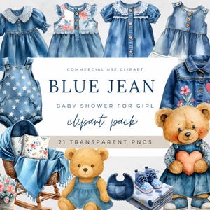 Blue Jean Baby Shower Clipart, Baby Shower for Girl, Denim Theme Clipart Pack