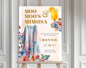 Moo Moos and Mimosa Party Welcome Sign, Ladies Night Pajama Party, Bridal Shower, Birthday Party, Editable Template in Canva