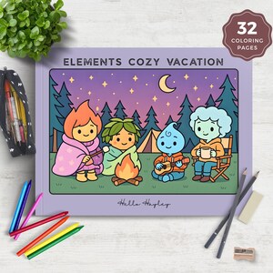 May include: A coloring book titled "Elements Cozy Vacation" with 32 coloring pages. The cover features a cartoon illustration of four characters around a campfire under a starry night sky. Crayons, pencils, and a pencil case are also visible.