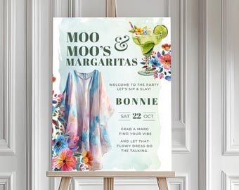 Moo Moos and Margaritas Party Welcome Sign, Ladies Night Invite Pajama Party, Bridal Shower, Birthday Party, Editable Template in Canva