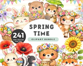 Spring Time Clipart Bundle, Cute Woodland Animals, Easter Decors Clipart, Spring Flowers Illustration, Digital Download