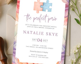 The Perfect Pair Bridal Shower Invite, Pastel Colors Bachelorette Party,  Puzzle Piece Theme, Editable Template in Canva BS00003