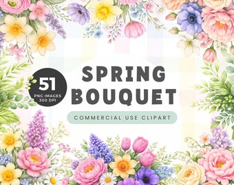 Spring Floral Bouquet Clipart, Pastel Watercolor Flower Bouquet Illustration, Digital Download